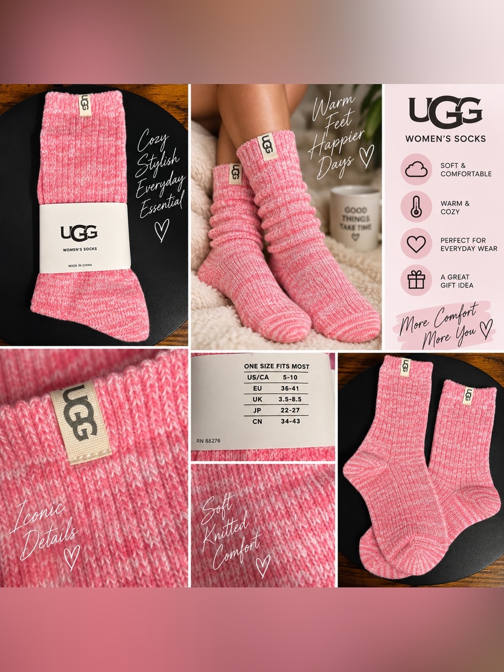 UGG Pink Cozy Knit Crew Socks for Women